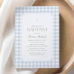 Invitation Baptême élégant garçon croix Gingham Bleu