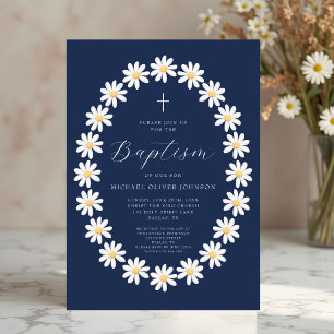 Invitation Baptême élégant garçon floral bleu marine