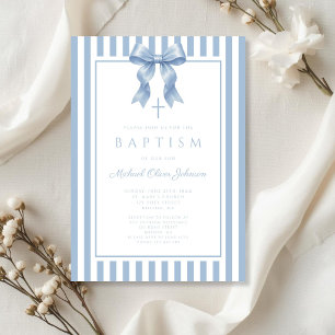 Invitation Baptême élégant garçon noeud papillon bleu coquett