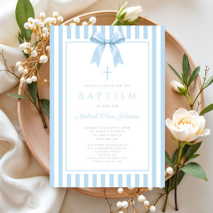 Invitation Baptême élégant garçon noeud papillon bleu coquett