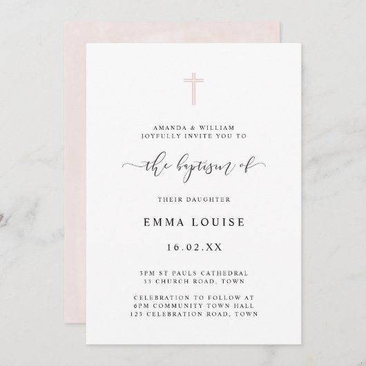 Invitation Baptême élégant minimaliste simple aquarelle croix (Devant / Derrière)