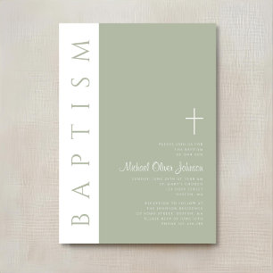Invitation Baptême élégant moderne croix vert sauge