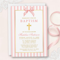 Baptême élégant moderne rose rayé avec noeud