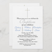 Invitation Baptême élégant Triplet bleu croisé argent (Devant / Derrière)