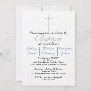 Invitation Baptême élégant Triplet bleu croisé argent