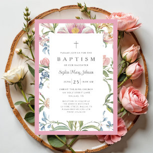 Invitation Baptême élégant vintage de bébé fille aux fleurs r