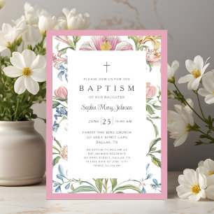 Invitation Baptême élégant vintage de bébé fille aux fleurs r
