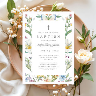 Invitation Baptême élégant vintage floral bébé fille