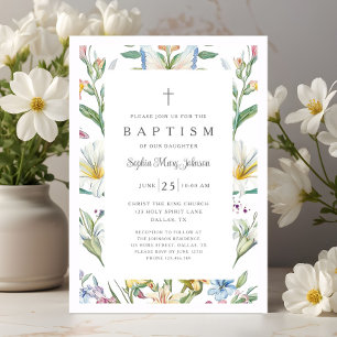 Invitation Baptême élégant vintage floral bébé fille