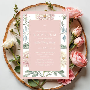 Invitation Baptême élégant vintage floral bébé fille