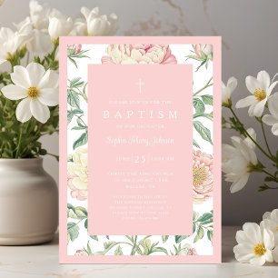 Invitation Baptême élégant vintage floral bébé fille