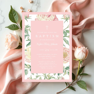 Invitation Baptême élégant vintage floral bébé fille