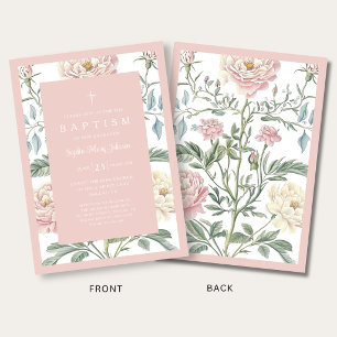 Invitation Baptême élégant vintage floral bébé fille
