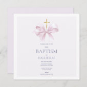 Invitation Baptême Élégante, Bow Rose & Croix Or (Devant / Derrière)