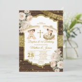 Invitation Baptême en bois blanc 1er anniversaire Twin Boy &  (Debout devant)