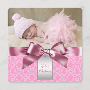 Invitation Baptême en damas rose