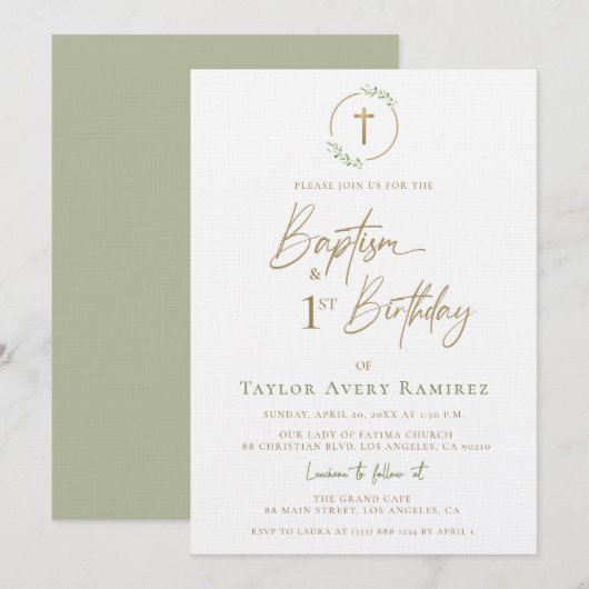 Invitation Baptême en écriture moderne et 1er anniversaire ve (Devant / Derrière)
