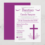 Invitation Baptême en espagnol Cute Bautizo Cross et Feuille (Devant / Derrière)
