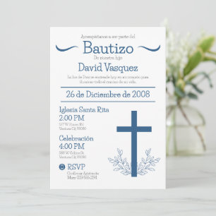Invitation Baptême en espagnol Cute Bautizo Cross et Feuille 