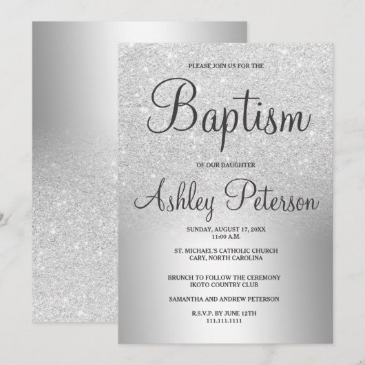 Invitation Baptême en feuille métallique ombrée à paillettes  (Devant / Derrière)
