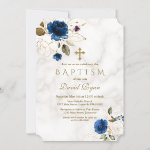 Invitation Baptême en marbre bleu bleu marine or croix floral