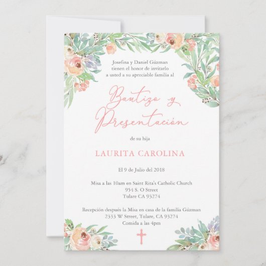Invitation Baptême espagnol et présentation pour fille (Devant)