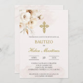 Invitation Baptême espagnol floral blanc (Devant / Derrière)