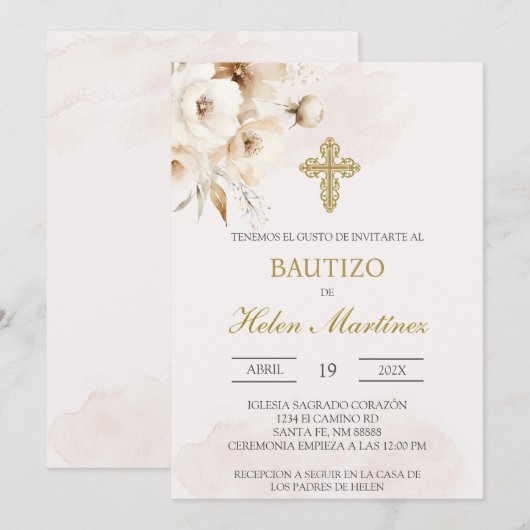 Invitation Baptême espagnol floral blanc (Devant / Derrière)