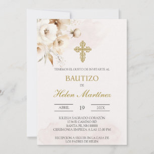 Invitation Baptême espagnol floral blanc