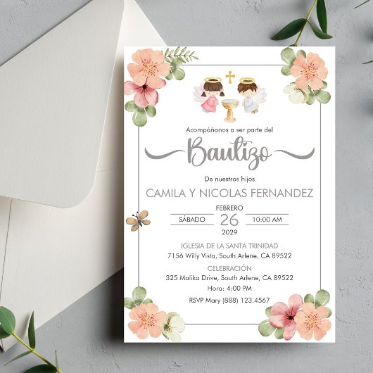 Invitation Baptême Espagnol Mignonne Twin Anges