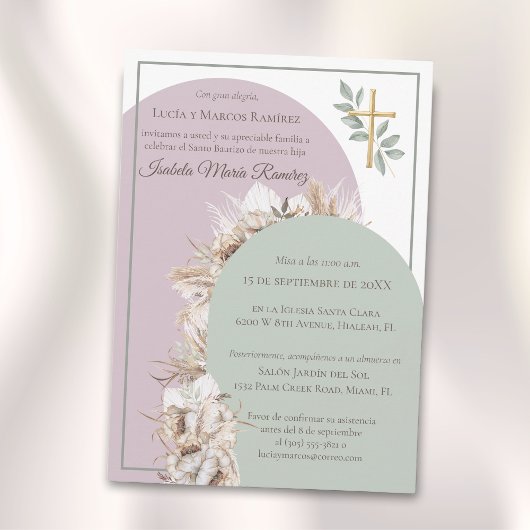 Invitation baptême espagnol moderne pampa herbe bautizo