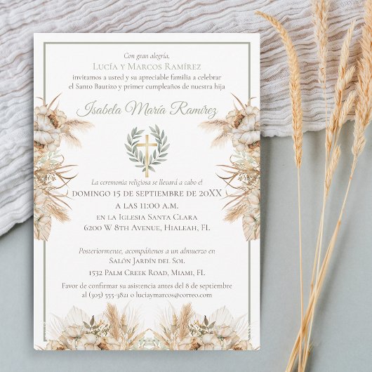 Invitation Baptême espagnol premier anniversaire pampa herbe