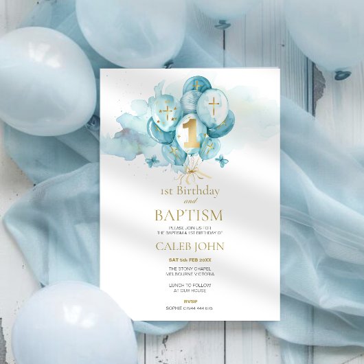 Invitation Baptême et 1er anniversaire Ballons Bleus Invitati
