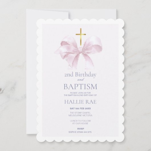 Invitation Baptême et 2e anniversaire Moderne Ruban Rose (Devant)