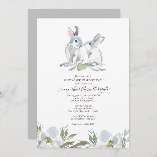 Invitation Baptême et anniversaire de lapin neutre pour le ge (Devant / Derrière)