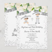 Invitation Baptême et anniversaire Fiesta Floral Twins Boy (Devant / Derrière)