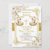 Invitation Baptême et Anniversaire Floral Blanc & Or Twin Gir (Devant)