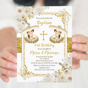 Invitation Baptême et Anniversaire Floral Blanc & Or Twin Gir