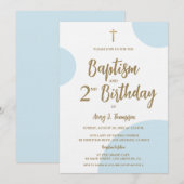 Invitation Baptême et deuxième anniversaire bleu et or modern (Devant / Derrière)