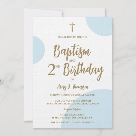 Invitation Baptême et deuxième anniversaire bleu et or modern (Devant)