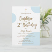 Invitation Baptême et deuxième anniversaire bleu et or modern (Debout devant)