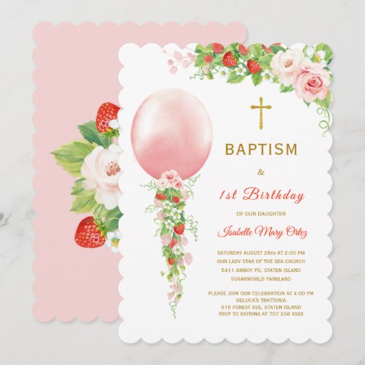 Invitation Baptême et premier anniversaire à la fraise (Devant / Derrière)