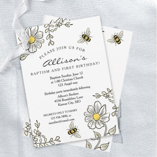 Invitation Baptême et premier anniversaire Abeille ensoleillé