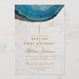 Invitation Baptême et premier anniversaire Blue Geode Gold Cr