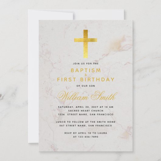 Invitation Baptême et premier anniversaire Faux Gold Cross Ma (Devant)
