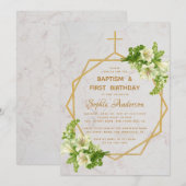 Invitation Baptême et premier anniversaire Gold Lilies Marbre (Devant / Derrière)