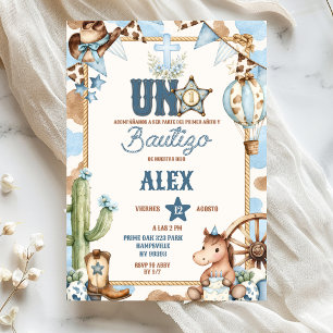 Invitation Baptême et premier rodéo Blue Cowboy Spanish Uno