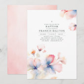 Invitation Baptême Ethérée Bleu Dusty et Rose (Devant / Derrière)