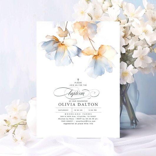 Invitation Baptême Ethérée Dusty Bleu et Or
