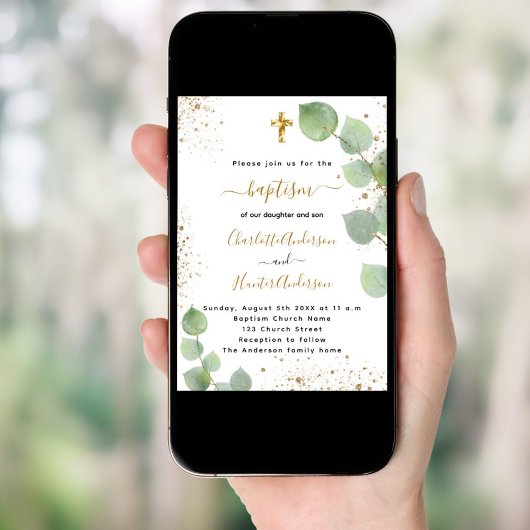 Invitation Baptême eucalyptus verdure cross script jumeaux